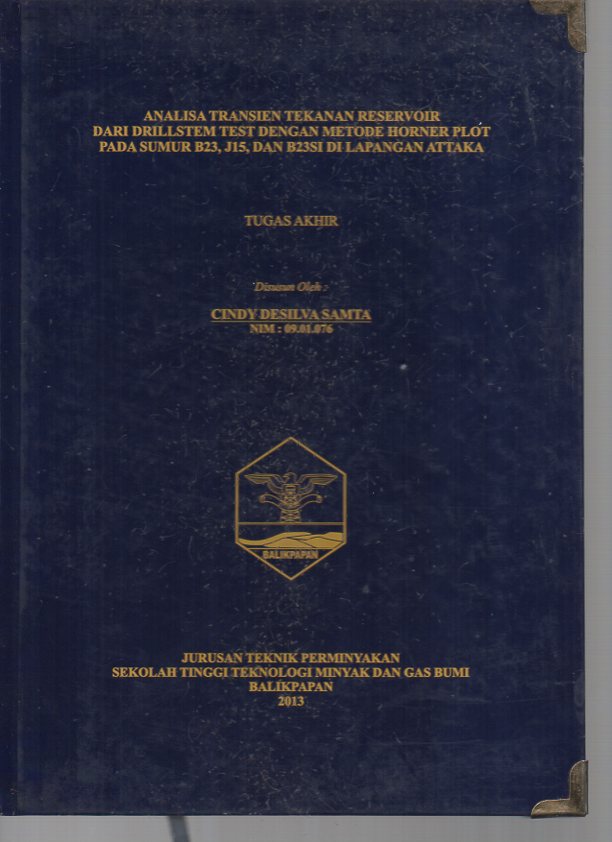 ANALISA TRANSIEN TEKANAN RESERVOIR DARI DRILLSTEM TEST DENGAN METODE HORNER PLOT PADA SUMUR B 23, J15, DAN B23SI DI LAPANGAN ATTAKA